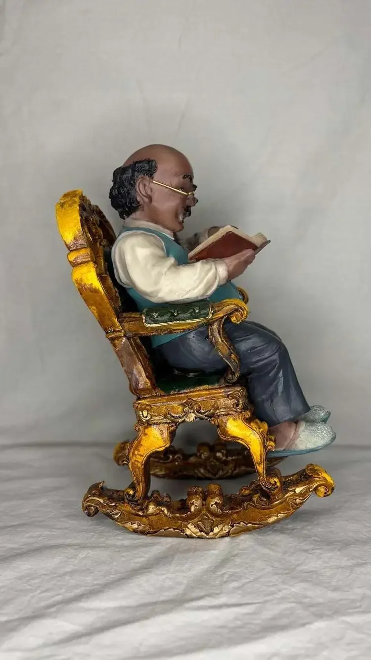 Vintage American Elderly Grandfather Reading a Book in Rocking Chair Figurine